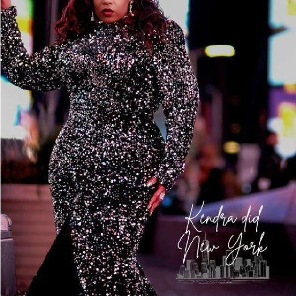 Silver Sequin Long Sleeve Gown with Mock Neck - Picture 5 of 11